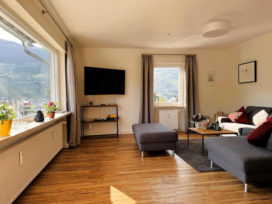 Wohnzimmer mit Fernseher - Urlaub an der Mosel in Ferienwohnung Mosel Fewo43, Marientaler Au 43, 56856 Zell (Mosel)